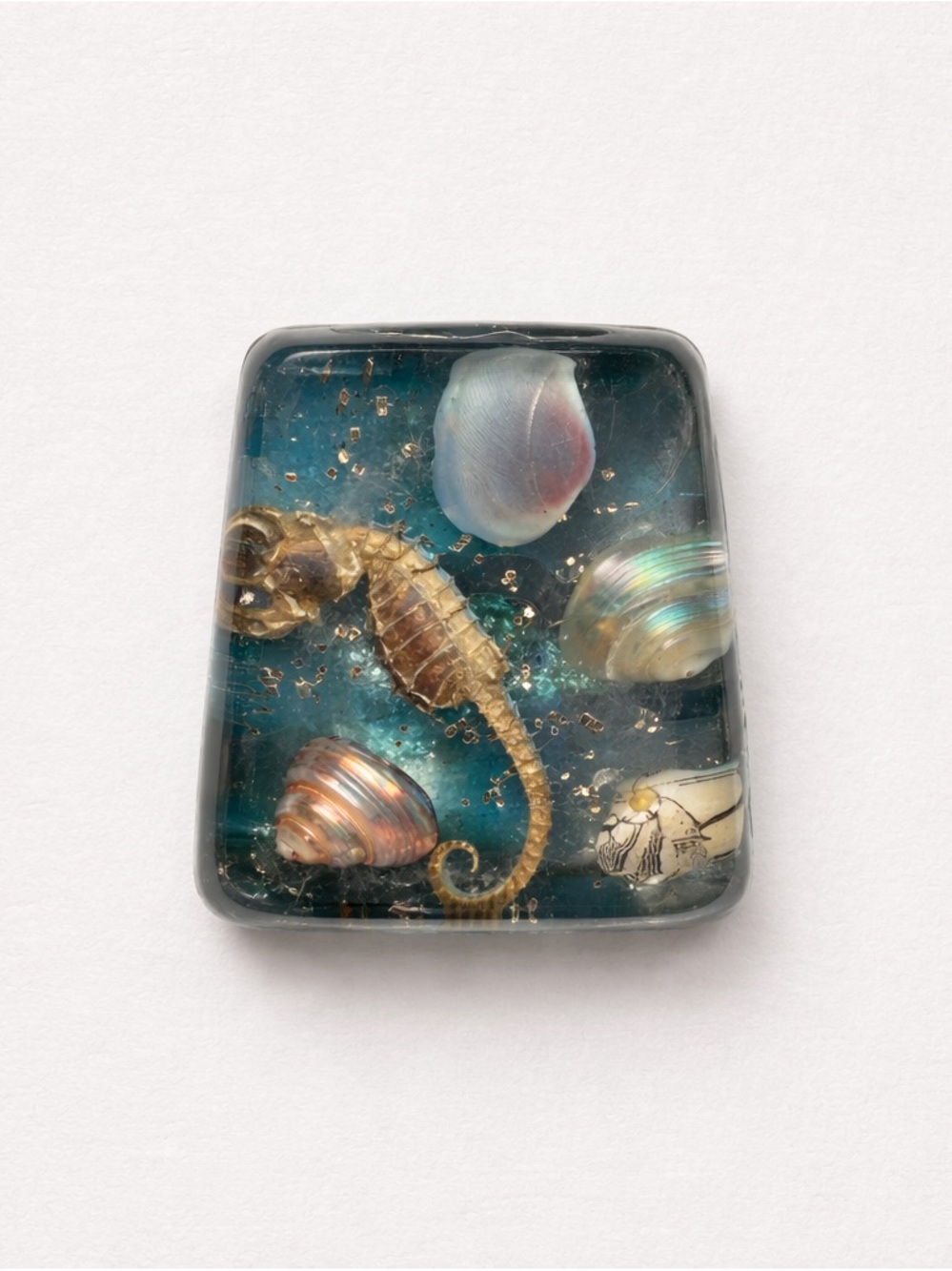 Seahorse Resin Art Pendant with Iridescent Shells - Teal Blue